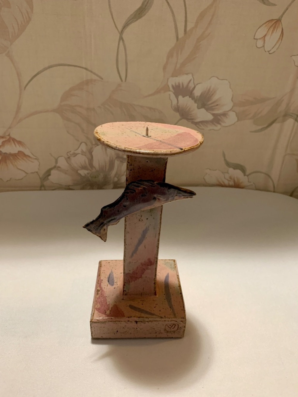 Vintage Dan Waters Stoneware 7.25” Fish / Salmon Candlestick Holder Hand Crafted